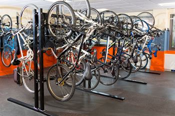 bike storage room at Colesville Towers apartments in Silver Spring with racks of bicycles